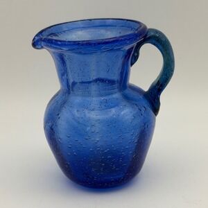 Vintage Hand Blown Mexican Cobalt Blue Glass Mini Pitcher Creamer Boho Decor